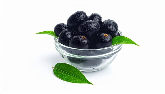 A fresh bowl filled with organic black java plums decorated with bright green leaves isolated on a clean white background for healthy diet.