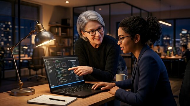 Diverse Business Professionals Collaborating on Laptop in Modern Office Workspace