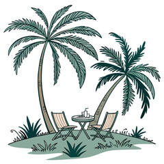 A tranquil illustration depicts two chairs and a small table set beneath swaying palm trees on a grassy island high quality professional detailed modern elegant stylish © md ruhul11