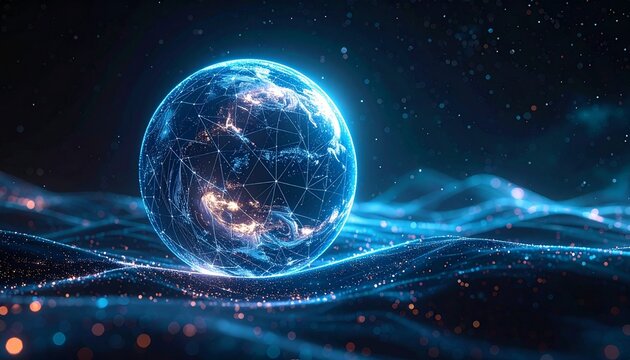 A glowing digital earth sphere floating over a futuristic wavy data landscape representing global connectivity and advanced network communication.