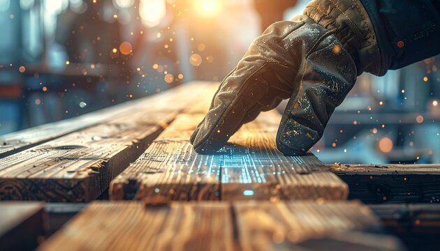 A worker wearing protective leather gloves touches a wooden plank surface with glowing digital circuitry overlay representing smart construction.