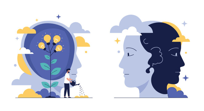 Conceptual illustration showing personal growth through watering ideas and two faces merging to represent shared thoughts or mental duality.