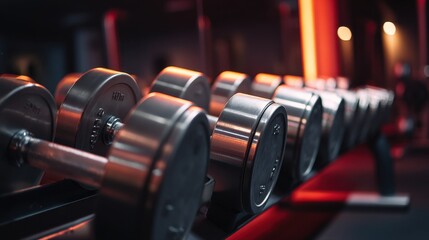Fototapeta premium Row of metallic dumbbells lined up on a rack in a modern gym with dramatic lighting creating a vibrant atmosphere for fitness enthusiasts