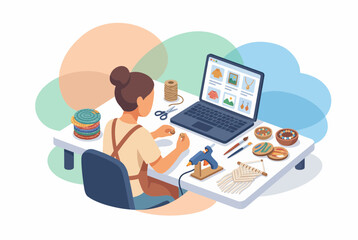 Fototapeta premium Creative woman selling handmade crafts online at home workspace