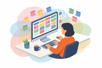 Fototapeta premium Woman managing side hustle projects on desktop computer workspace