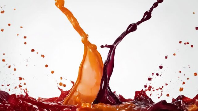 Dynamic multi-colored fruit juice splash with vibrant red, orange, and purple liquid streams colliding and exploding into droplets isolated on a plain white background.