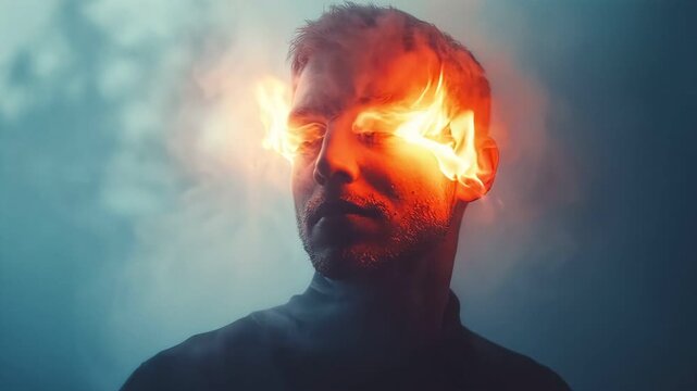 Close up of a man with fire eyes and smoke in a dark setting