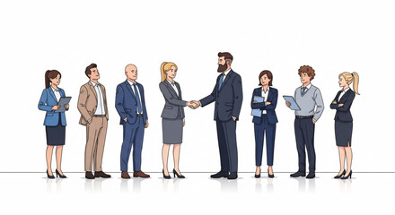 Fototapeta premium Illustrative depiction of a crucial business agreement between two professionals, symbolizing a strong partnership and successful collaboration among a diverse corporate team