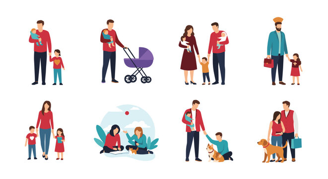Various illustrations of diverse families including single parents, couples with infants, and groups with pets, showcasing modern household units.