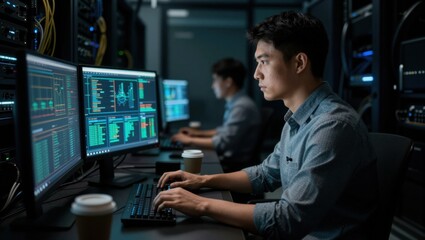 Fototapeta premium Developer working on multiple monitors in server room environment