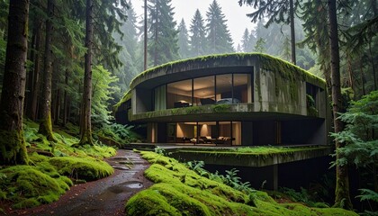 Fototapeta premium A modern concrete villa nestled deep within a lush misty forest featuring a winding path and vibrant green moss covered landscapes in nature.