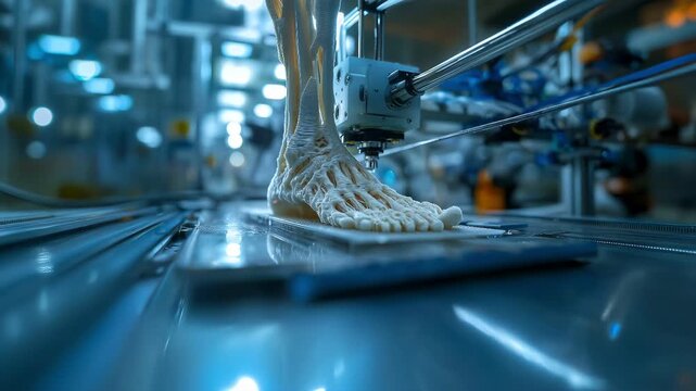 3D printer head creating a white human foot bone model in a medical lab