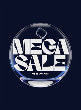 A large sale advertisement with a bubble containing mega sale text on a dark background