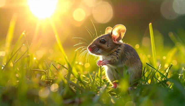 A small cute field mouse standing in green grass during a beautiful golden sunset with soft sun flare and dreamy bokeh background in nature.