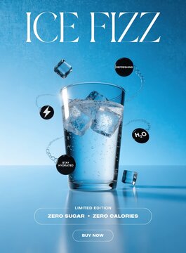 Modern CGI advertisement features a glass with ice and fizzy drink