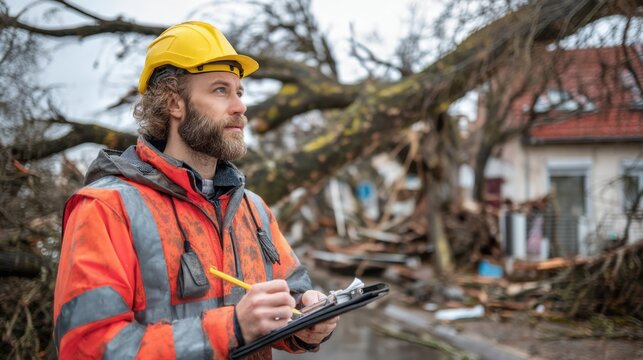 Male construction worker in orange safety jacket and hard hat inspects damage from fallen tree near residential area, clipboard in hand, assessing the situation