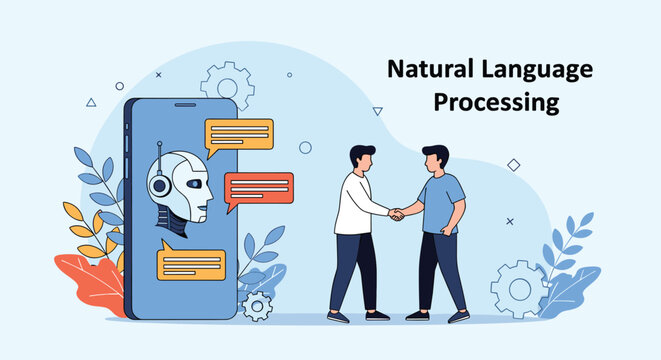 Two businessmen shake hands next to a smartphone displaying an AI robot, symbolizing natural language processing and modern tech collaboration.
