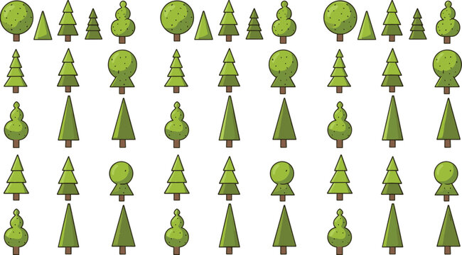 Green cartoon tree vector set with pine, fir, spruce and round bush shapes in various sizes flat style nature forest park decoration collection