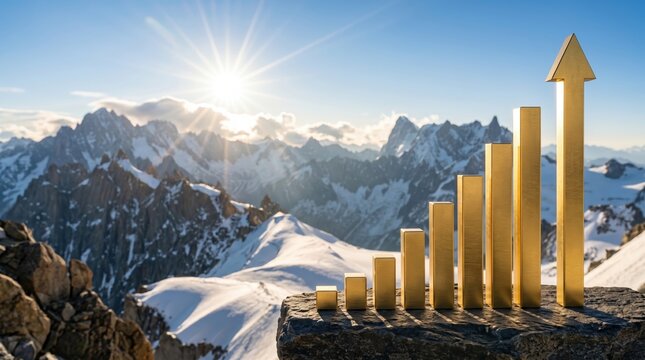 Growth strategy visualization mountain range infographic bright sky aerial perspective