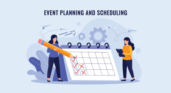 Team of two people organizing tasks and scheduling events on a giant desk calendar with marks and a large pencil.