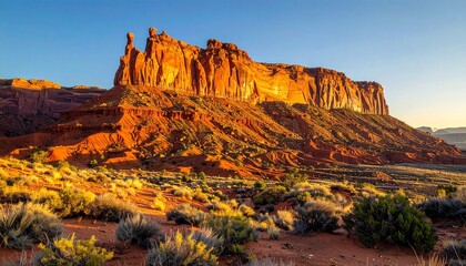 Naklejka premium Breathtaking view of massive red sandstone rock formations glowing in the golden sunlight at sunset in a vast and arid desert landscape scenery.