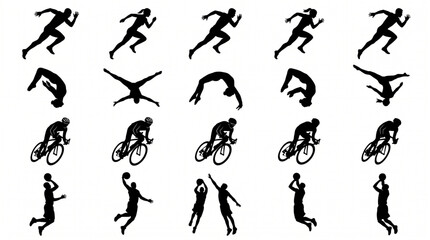 Massive collection of athlete silhouettes featuring sprinters running, gymnasts performing flips, road cyclists on bicycles, and basketball players shooting hoops in various action poses. © Ai