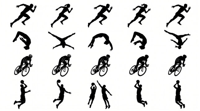Massive collection of athlete silhouettes featuring sprinters running, gymnasts performing flips, road cyclists on bicycles, and basketball players shooting hoops in various action poses.
