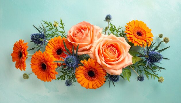 A beautiful horizontal floral arrangement featuring vibrant orange roses and gerbera daisies accented with blue sea holly on a light teal background.