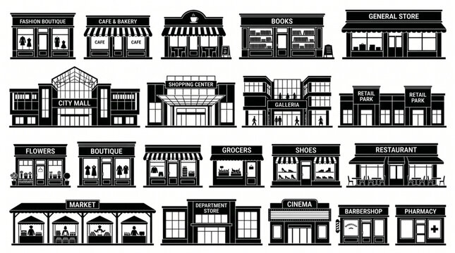 Massive collection of retail storefront silhouettes featuring various shop types including boutiques, cafes, bookstores, city malls, shopping centers, restaurants, markets, and cinema icons.