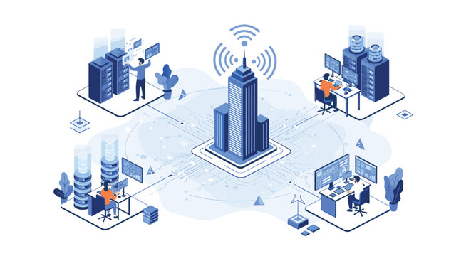 Isometric digital network showing data centers, office workers, and a central smart building with wireless signals.