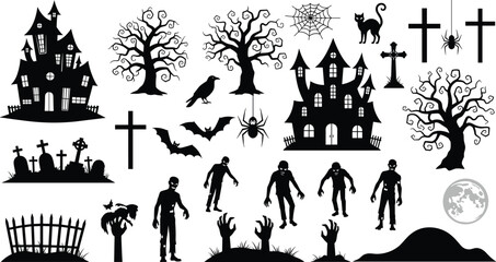 Obraz premium Halloween silhouette collection with zombies haunted houses spooky trees graveyard crosses bats black cat crow and full moon for scary designs