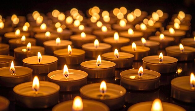 Many glowing tea light candles arranged in rows creating a warm peaceful atmosphere with soft bokeh lights in the dark background for wellness.