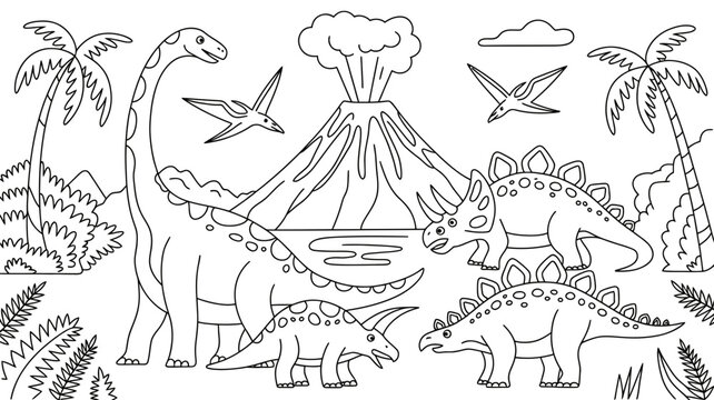 Cartoon dinosaur scene with volcano pterodactyls palm trees outline dinosaur pterodactyl prehistoric