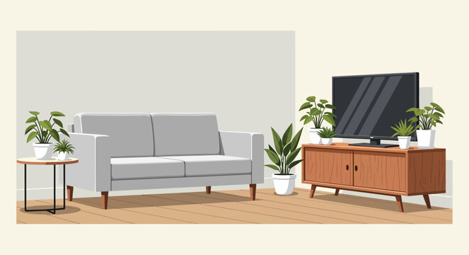 Cozy Living Room Interior with Sofa, TV Stand, and Plants