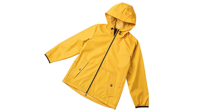 Yellow rain jacket hanging on a hook in a brightly lit room during a rainy day in early spring isolated on transparent background