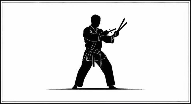 A martial artist in a gi practices with two nunchaku weapons.