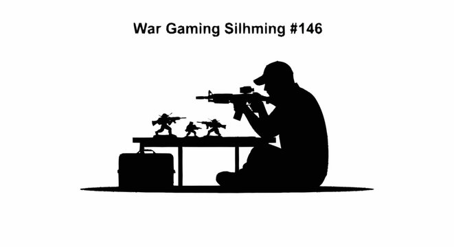 A man sits playing war games with miniature figures and a rifle.
