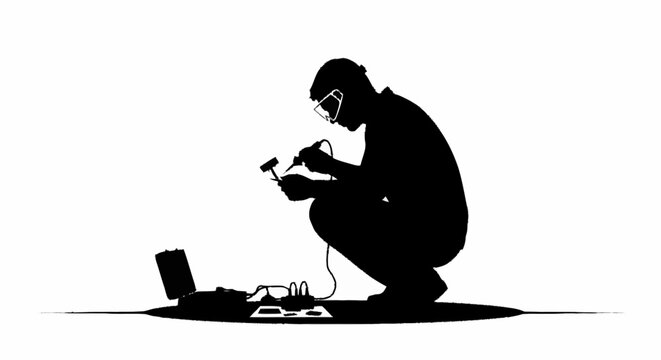 A man wearing safety glasses carefully solders electronic components.