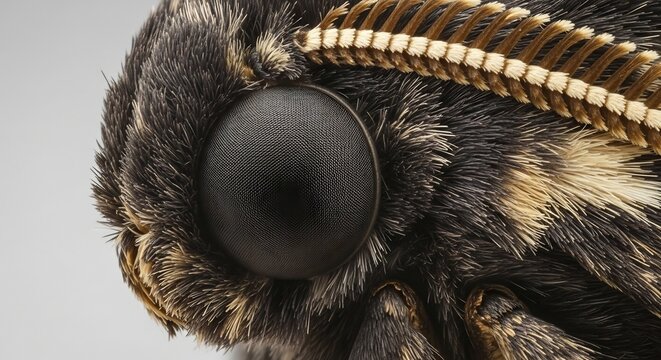 Extreme Macro Closeup of a Moths Compound Eye and Fuzzy Antennae.