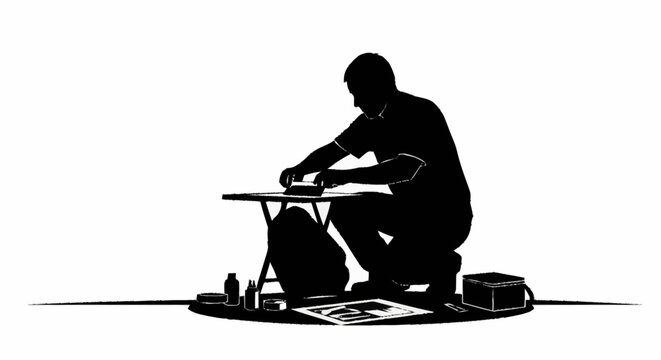 A crouching man meticulously working on a craft project with supplies.