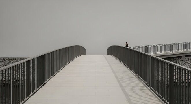 Minimalist modern bridge with a lone figure contemplating the path forward