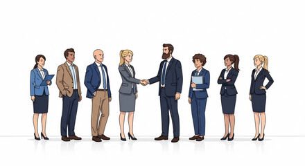 Obraz premium Business professionals in formal attire shaking hands as a team stands by