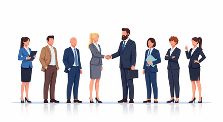 Obraz premium Business professionals shaking hands, a symbol of partnership and agreement, with a diverse team standing around them