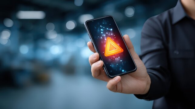 A person holds a smartphone displaying a glowing red warning triangle with an exclamation mark, indicating an alert or error notification on the screen.