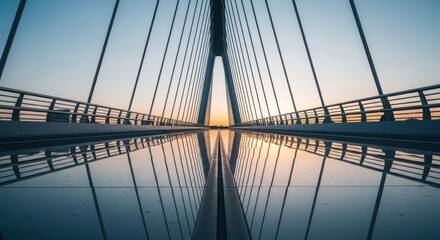Fototapeta premium Modern Cable-Stayed Bridge Architecture Featuring Striking Symmetry and Soft Sunset Reflections on Water