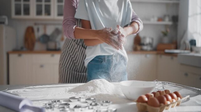 Mom and teen child spending time together at home kitchen, cooking tasty pie. Making homemade cookies, mother and daughter sifting gluten-free flour, at kitchen, healthy food from organic farmland