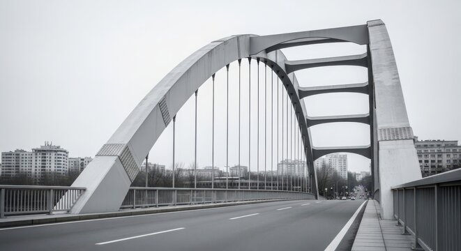 Modern steel arch bridge with elegant curve and suspension structure, an architectural marvel for urban transport