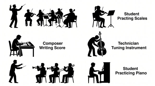 Professional Music Silhouettes Vector Set: Orchestral Conductors, Composers Writing Scores, Students Practicing Instruments, and Technicians Tuning a Double Bass Isolated on White Background