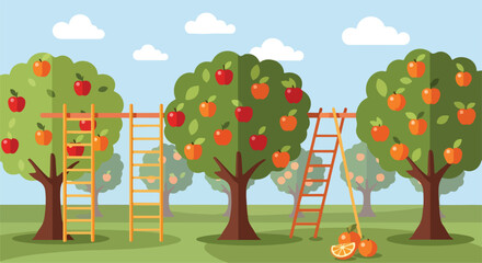A cartoon orchard scene with trees, ladders, and fruit © Darna