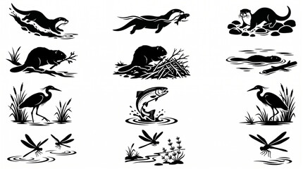 Collection of River Wildlife Silhouettes Featuring Otters, Beavers, Herons, Jumping Trout, and Dragonflies in Various Natural Poses such as Swimming, Fishing, and Nesting in Reeds, Vector © Ai